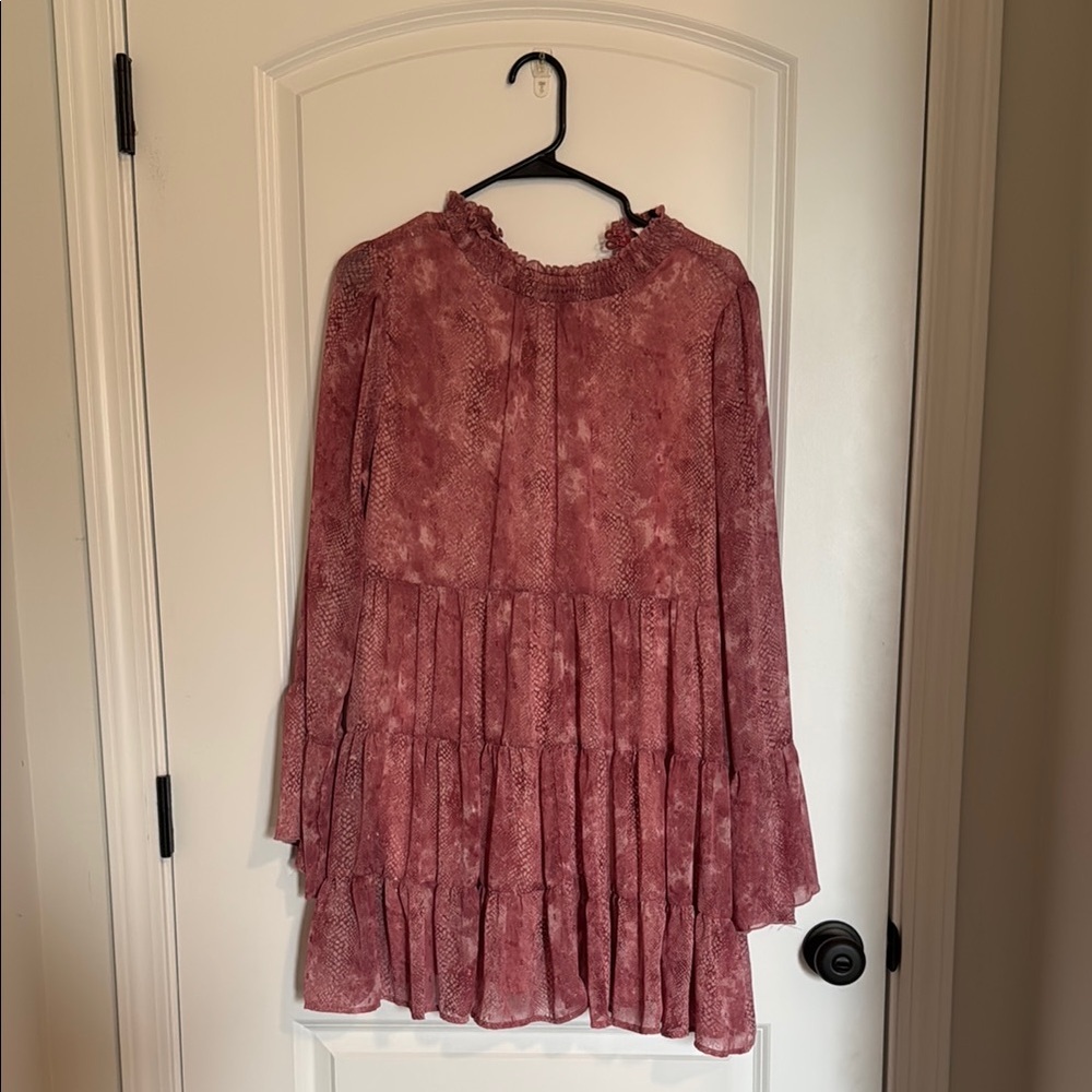 Pink Long-Sleeve Snake Skin Tiered Dress